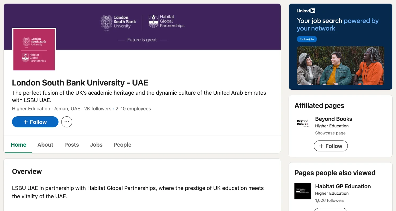 LinkedIn Strategy for London South Bank University UAE